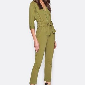 Joie Sashan Olive Green Utility Cropped Ankle Jumpsuit Tie Belted Waist Size XS